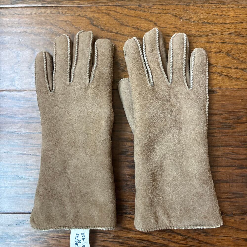 Vintage Sta-Soft Tan Suede Leather Gloves Women’s M Nu-Lamb Fleece Lined Warm